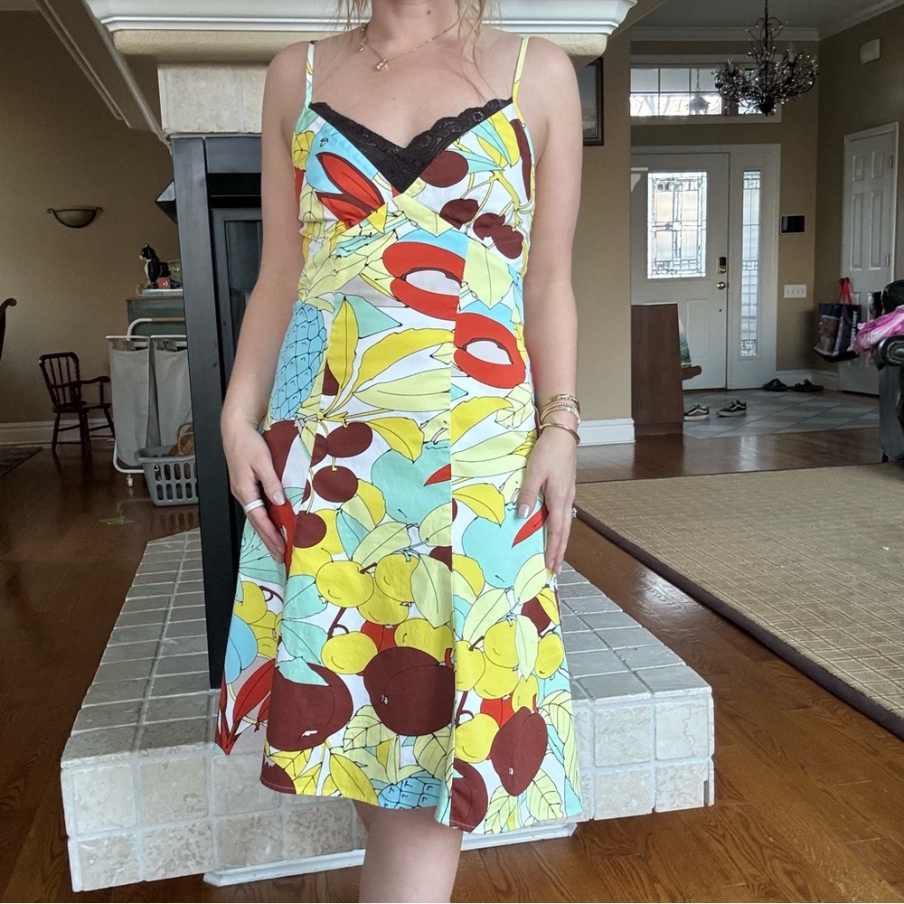 Vintage 90s Island Tropical Resort Dress Yellow and Brown Lace trim Size 8